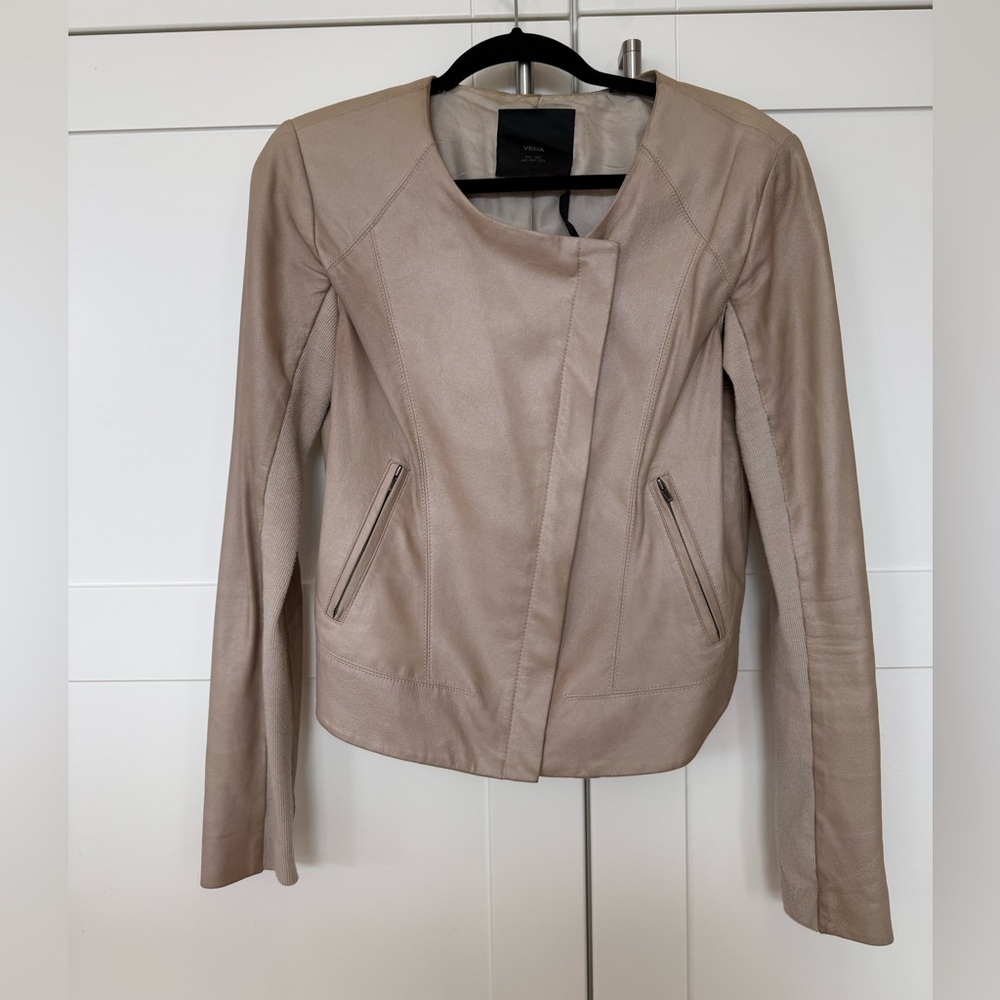 Veda | Taupe Leather Moto Jacket